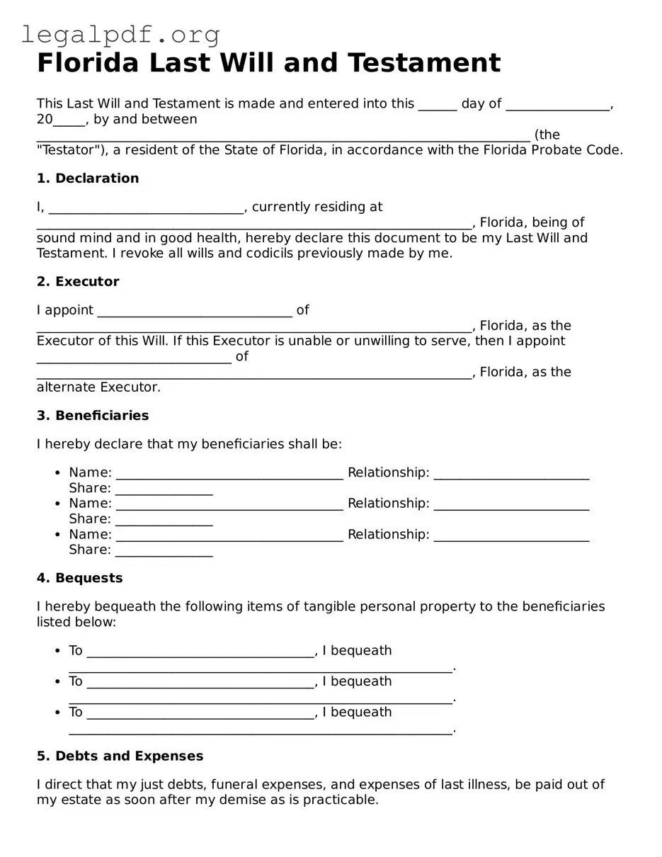 Valid  Last Will and Testament Template for Florida
