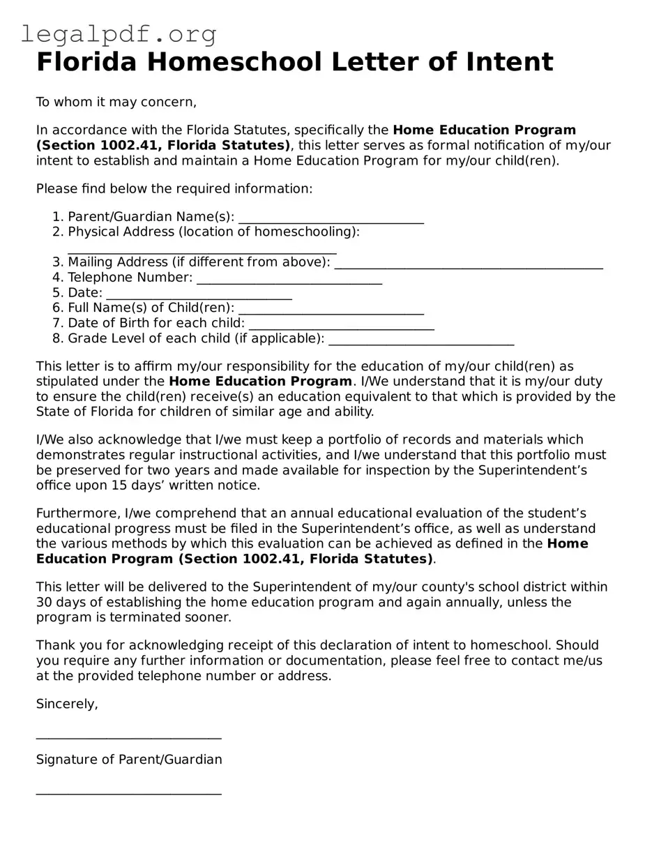 Valid  Homeschool Letter of Intent Template for Florida