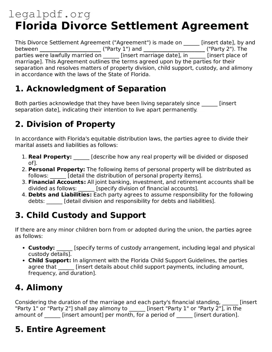 Valid  Divorce Settlement Agreement Template for Florida