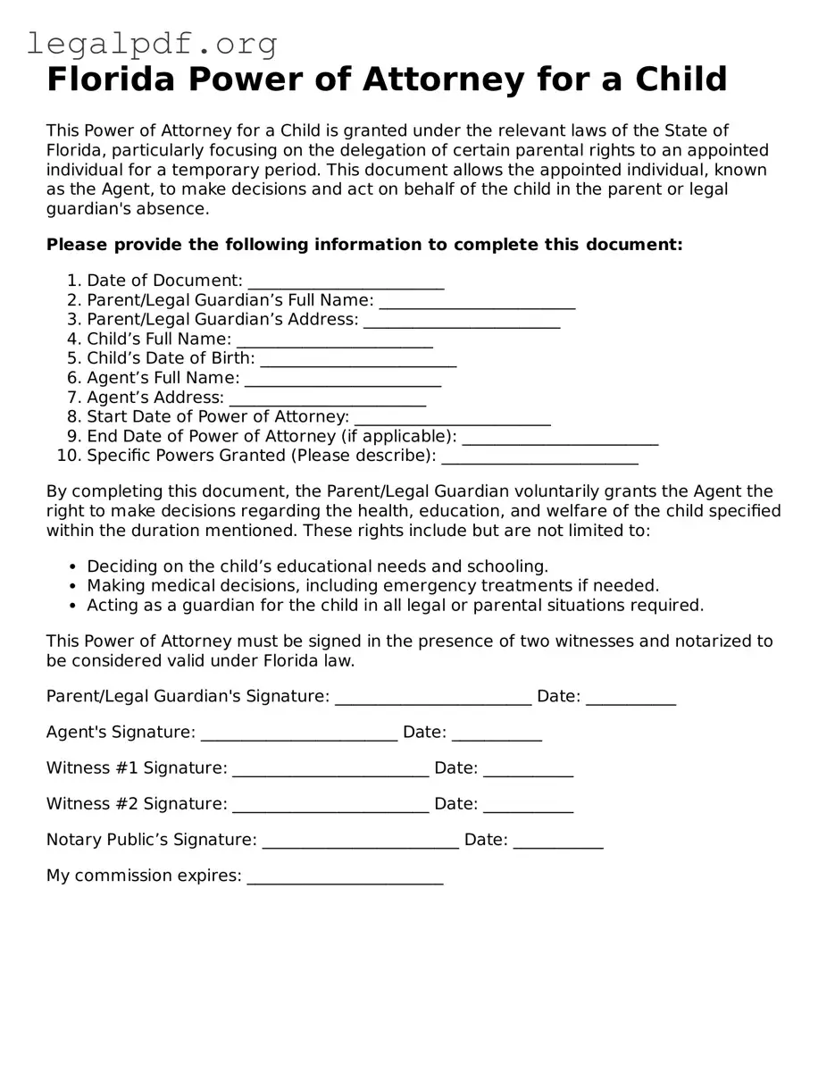 Valid  Power of Attorney for a Child Template for Florida