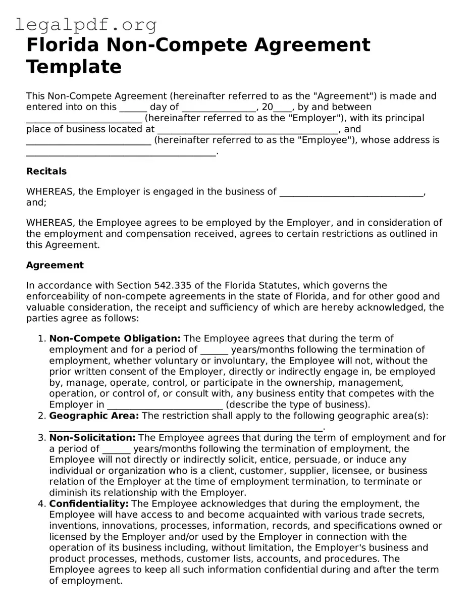 Valid  Non-compete Agreement Template for Florida