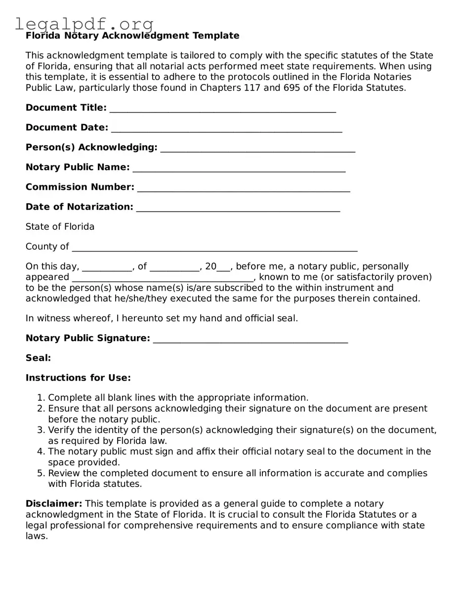 Valid  Notary Acknowledgement Template for Florida