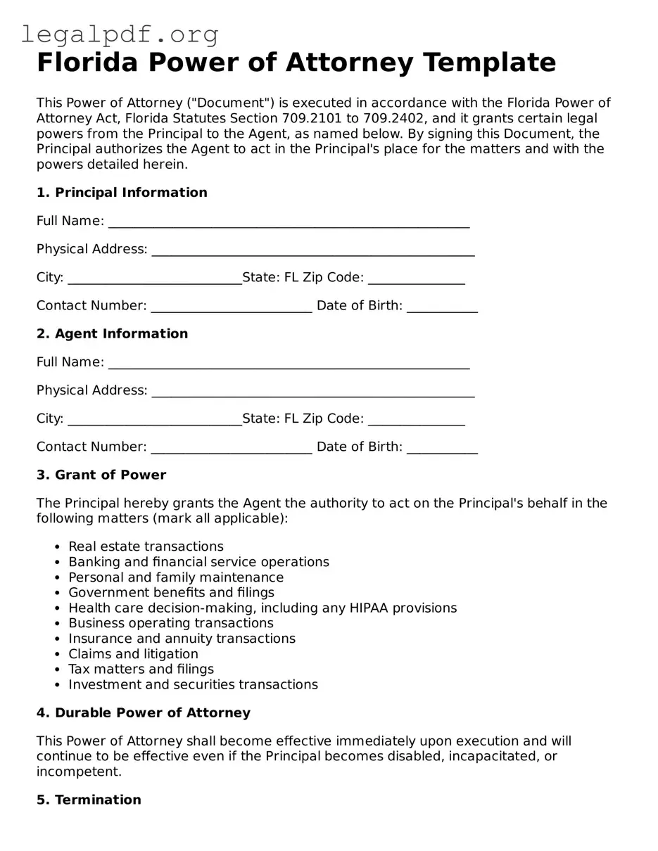 Valid  Power of Attorney Template for Florida