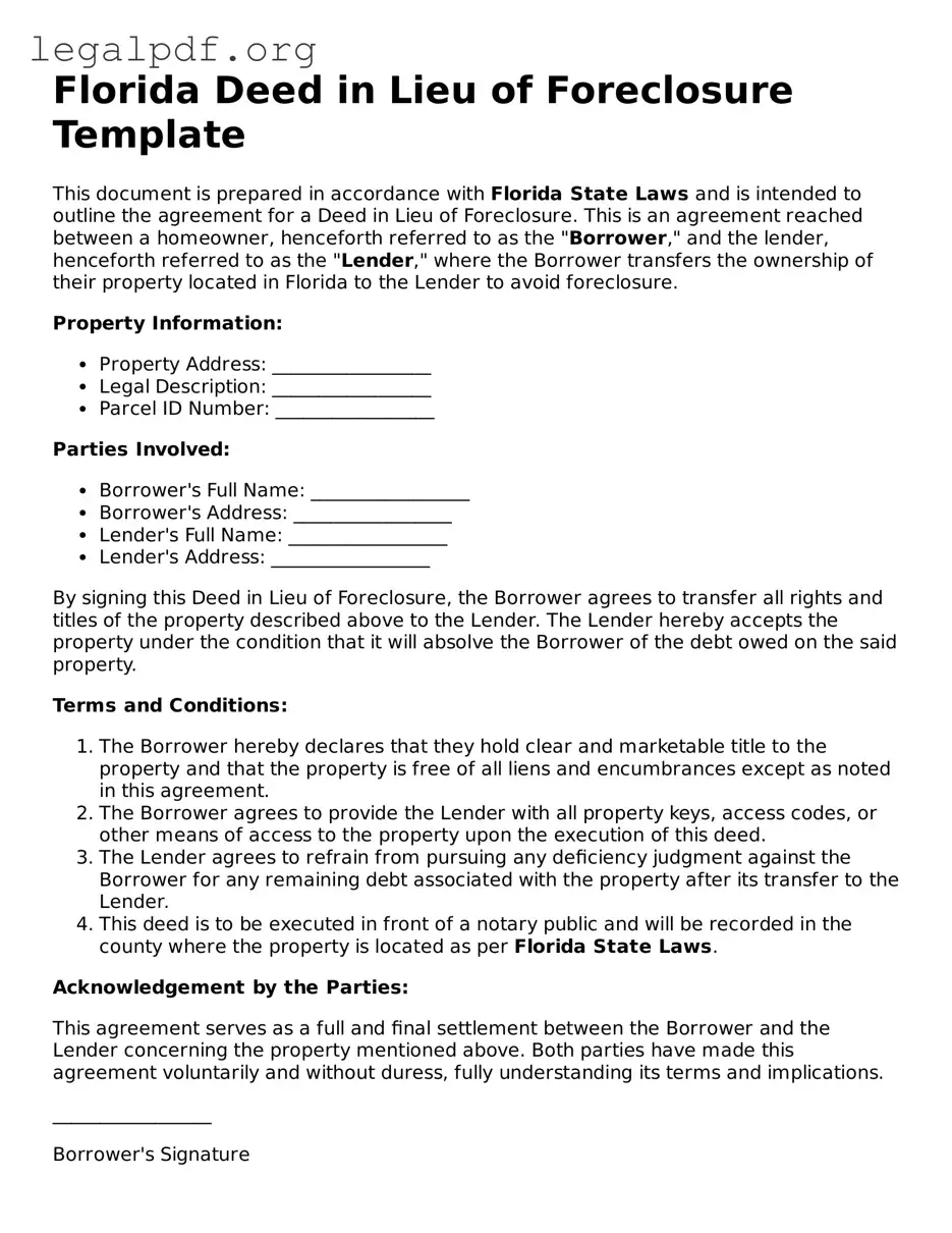Valid  Deed in Lieu of Foreclosure Template for Florida
