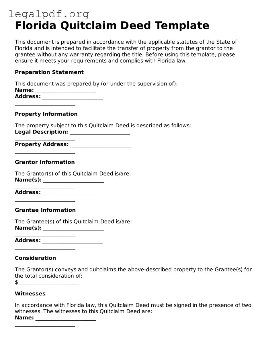 Valid  Quitclaim Deed Template for Florida