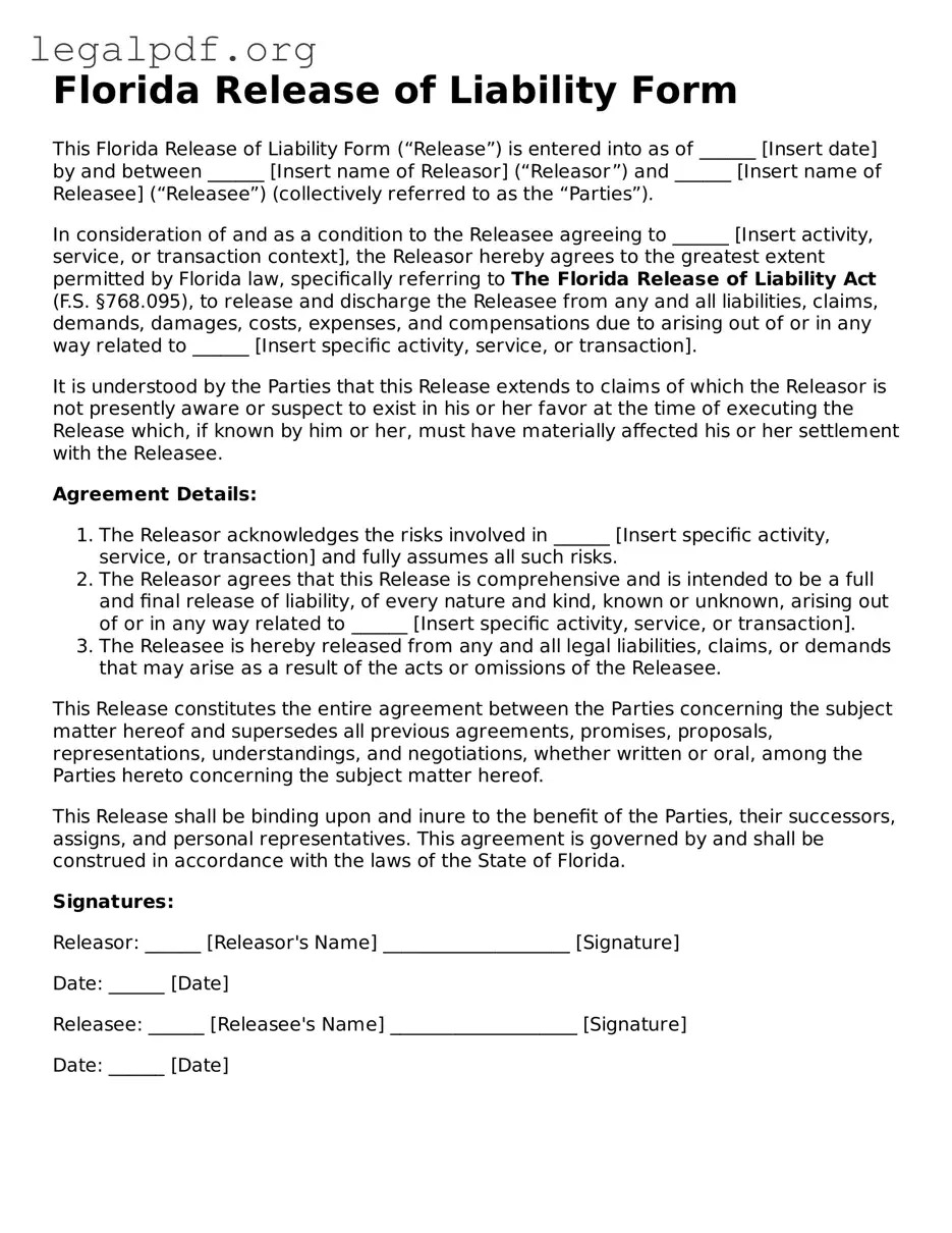 Valid  Release of Liability Template for Florida