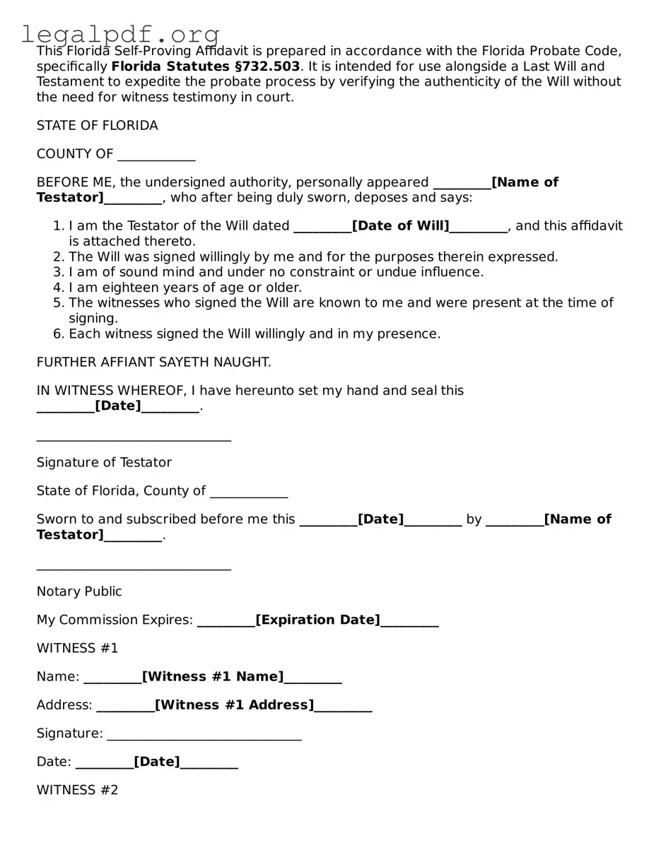 Valid  Self-Proving Affidavit Template for Florida