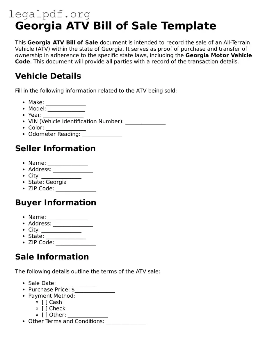 Valid  ATV Bill of Sale Template for Georgia