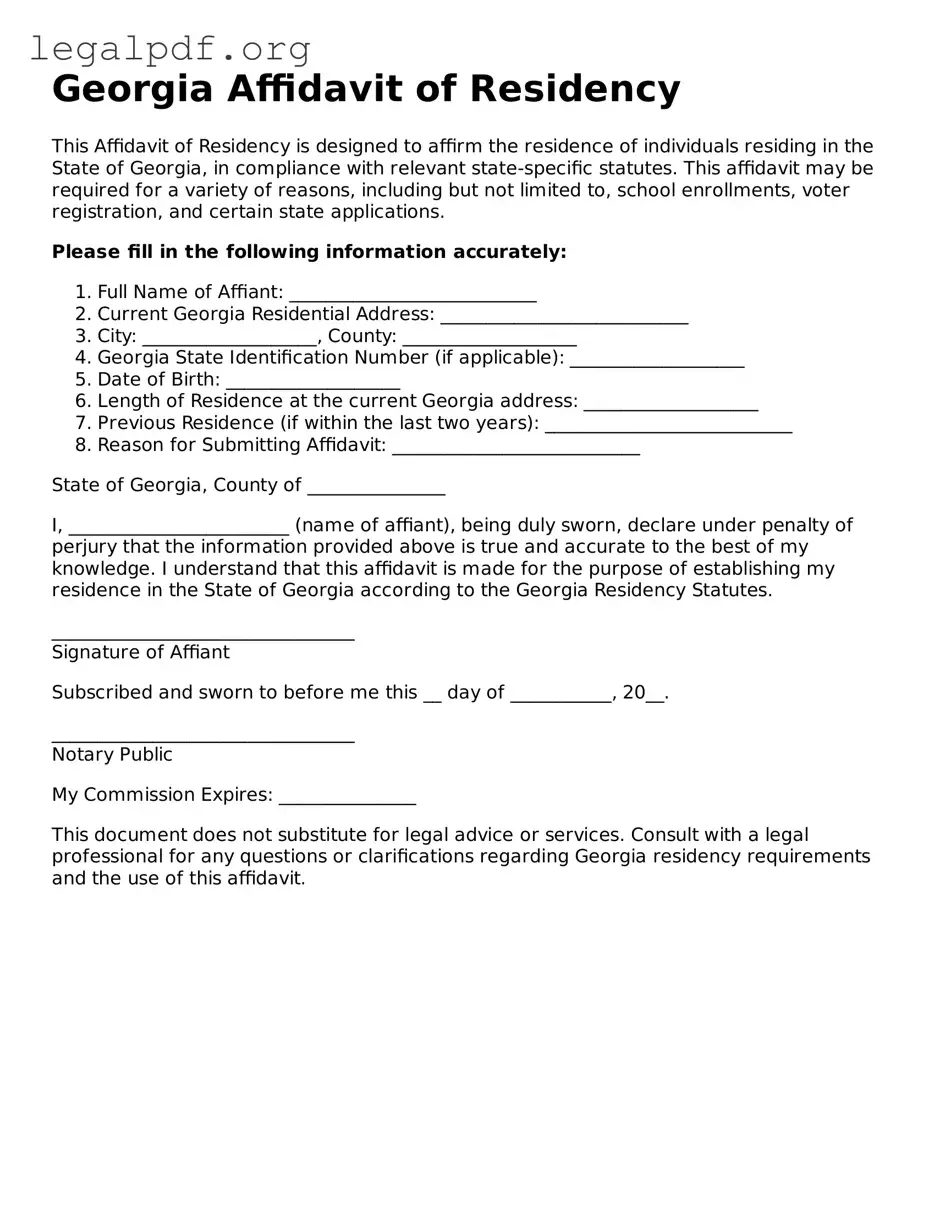 Valid  Affidavit of Residency Template for Georgia