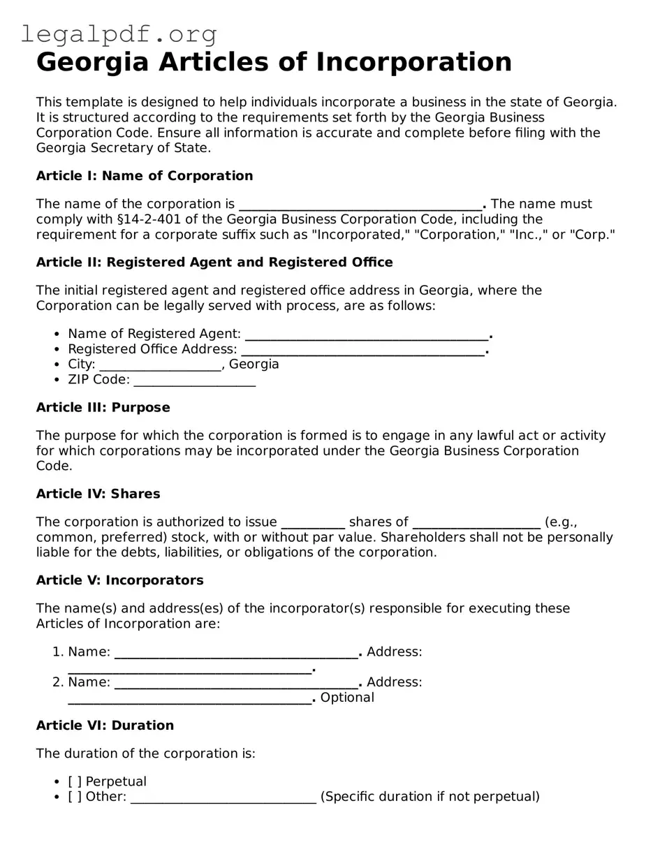 Valid  Articles of Incorporation Template for Georgia