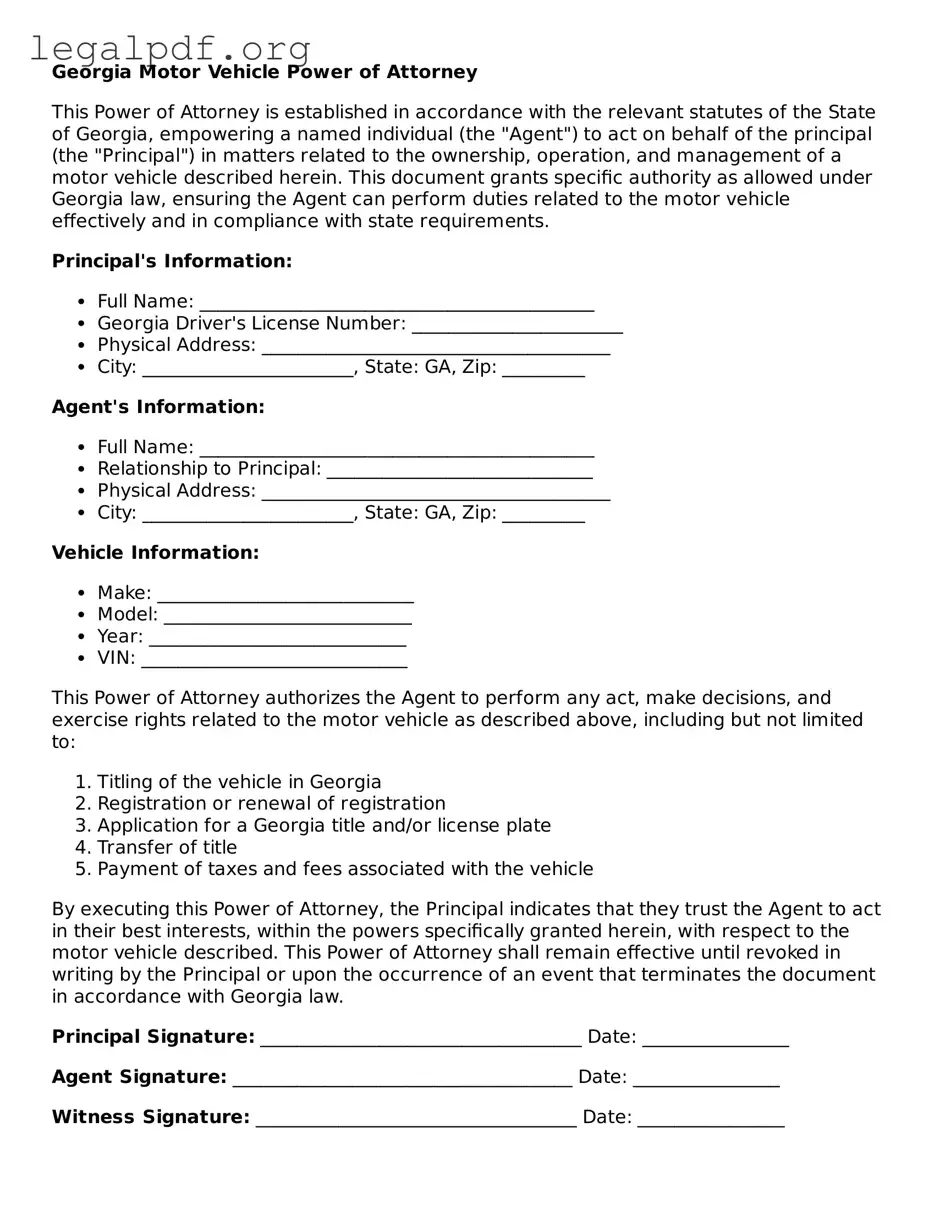 Valid  Motor Vehicle Power of Attorney Template for Georgia