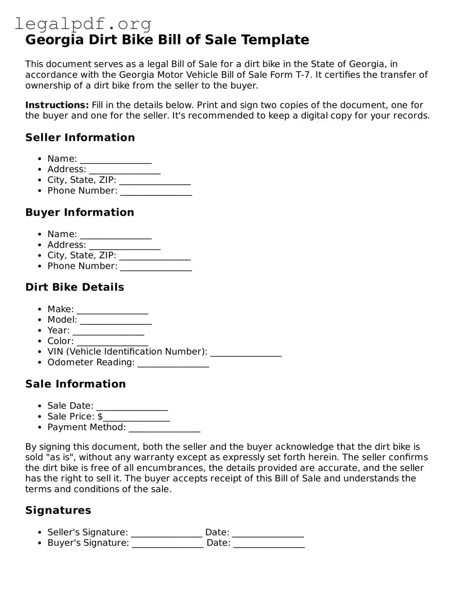 Valid  Dirt Bike Bill of Sale Template for Georgia