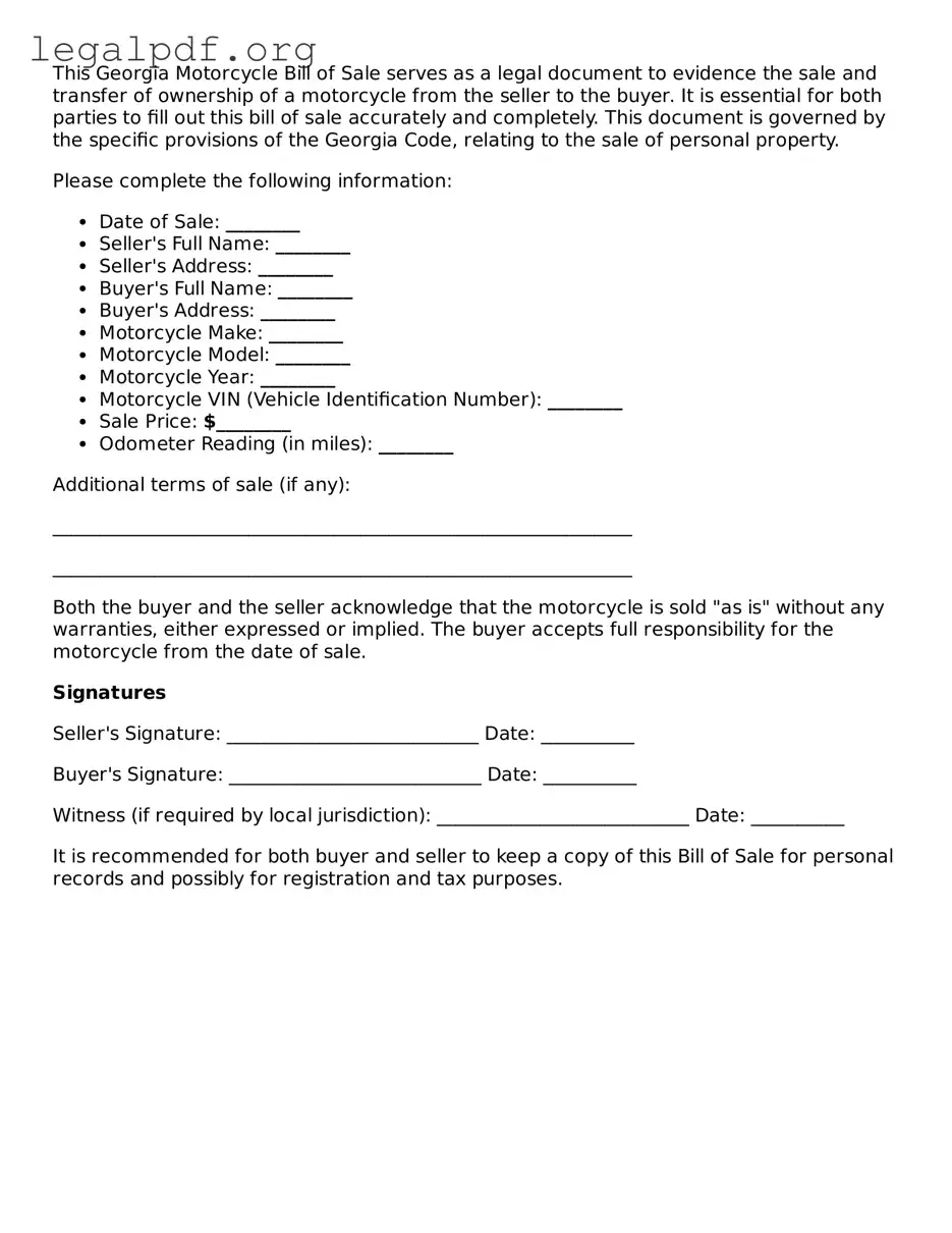 Valid  Motorcycle Bill of Sale Template for Georgia