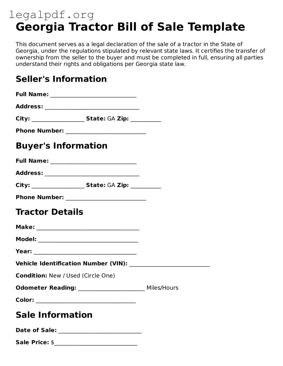 Valid  Tractor Bill of Sale Template for Georgia