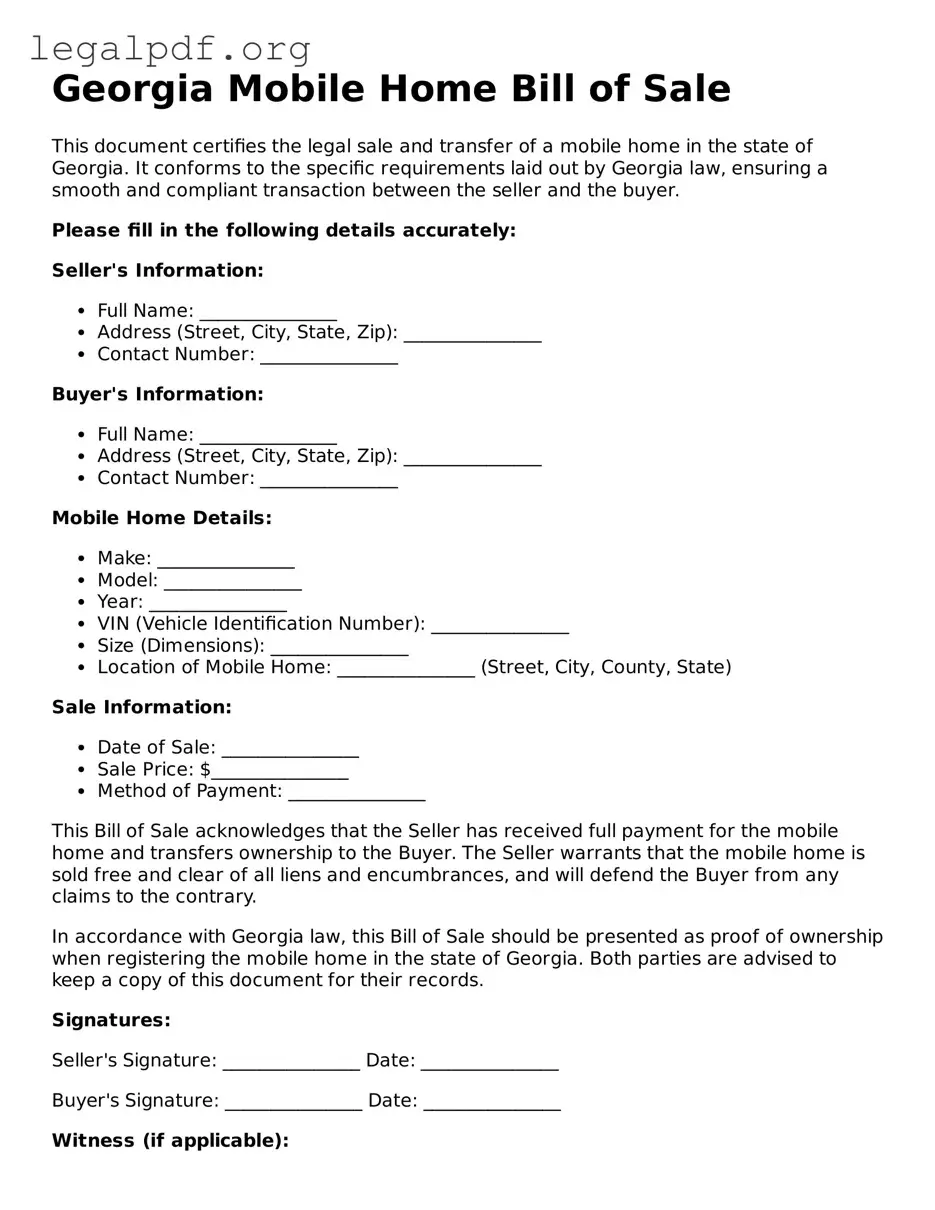 Valid  Mobile Home Bill of Sale Template for Georgia