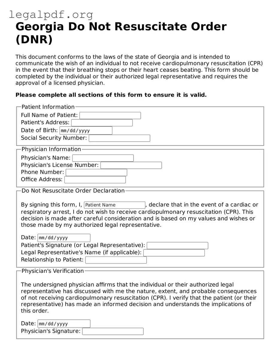 Valid  Do Not Resuscitate Order Template for Georgia