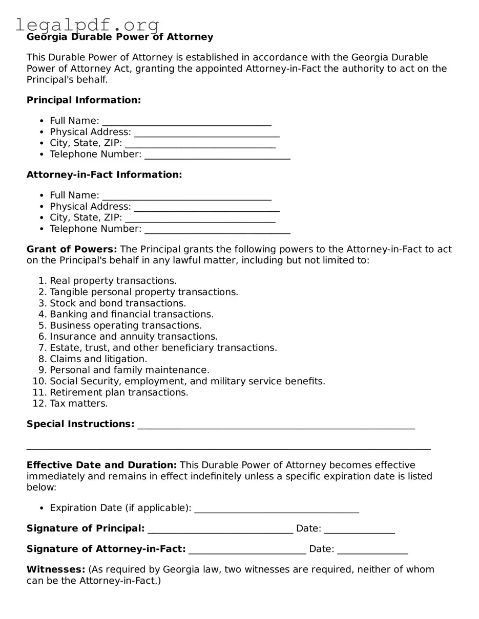 Valid  Durable Power of Attorney Template for Georgia