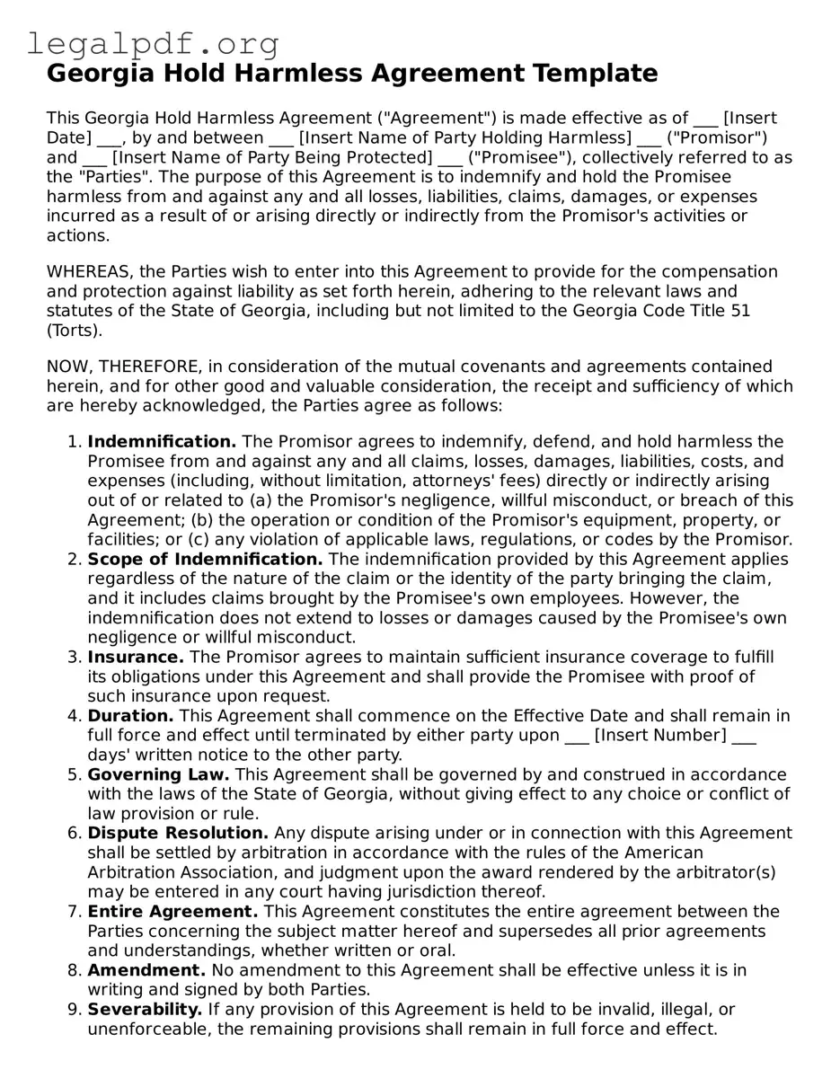 Valid  Hold Harmless Agreement Template for Georgia