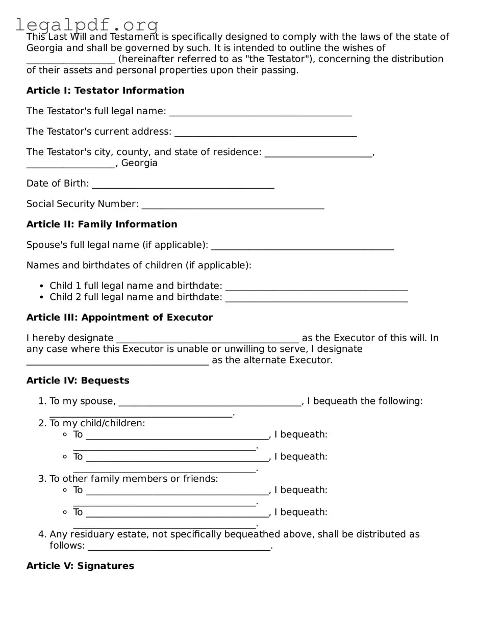 Valid  Last Will and Testament Template for Georgia