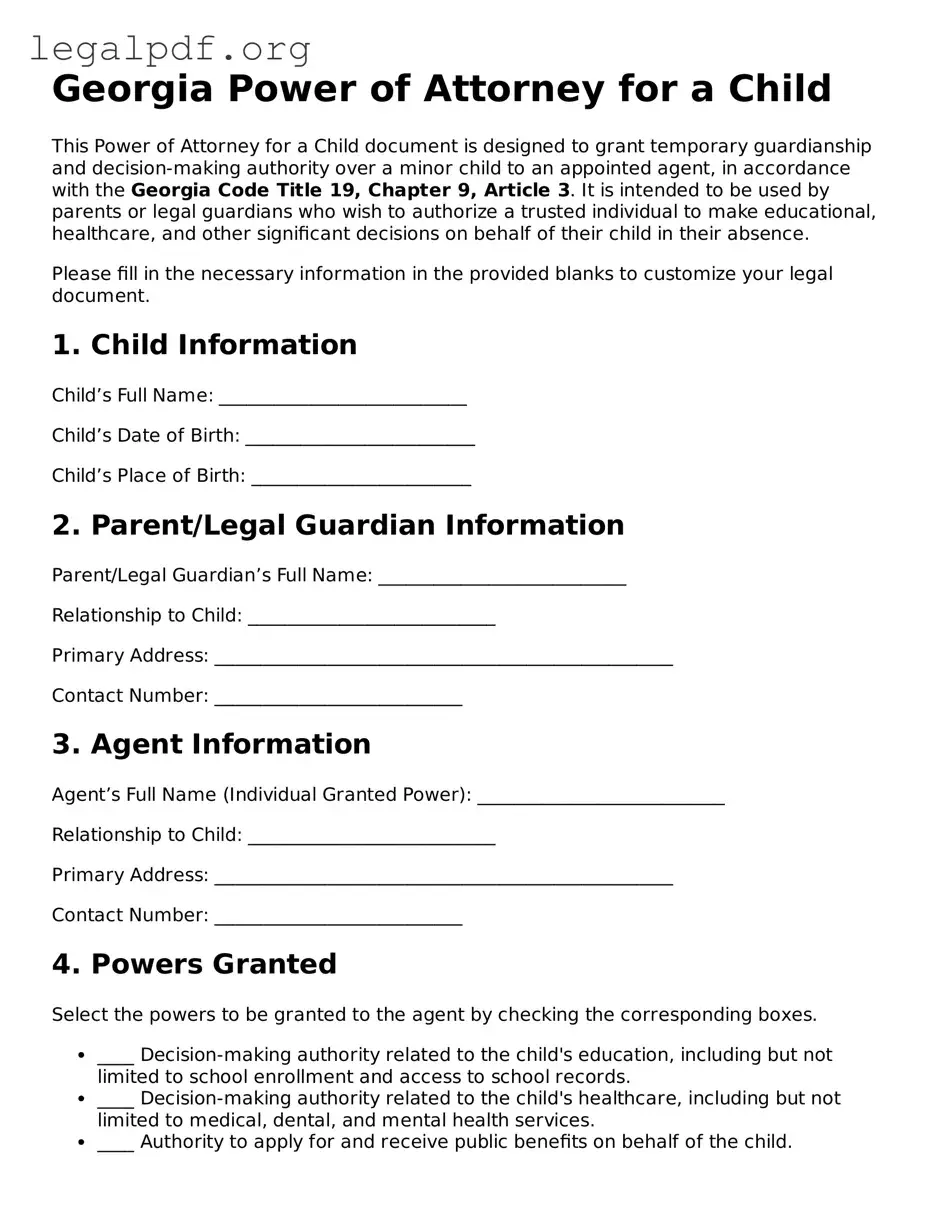 Valid  Power of Attorney for a Child Template for Georgia