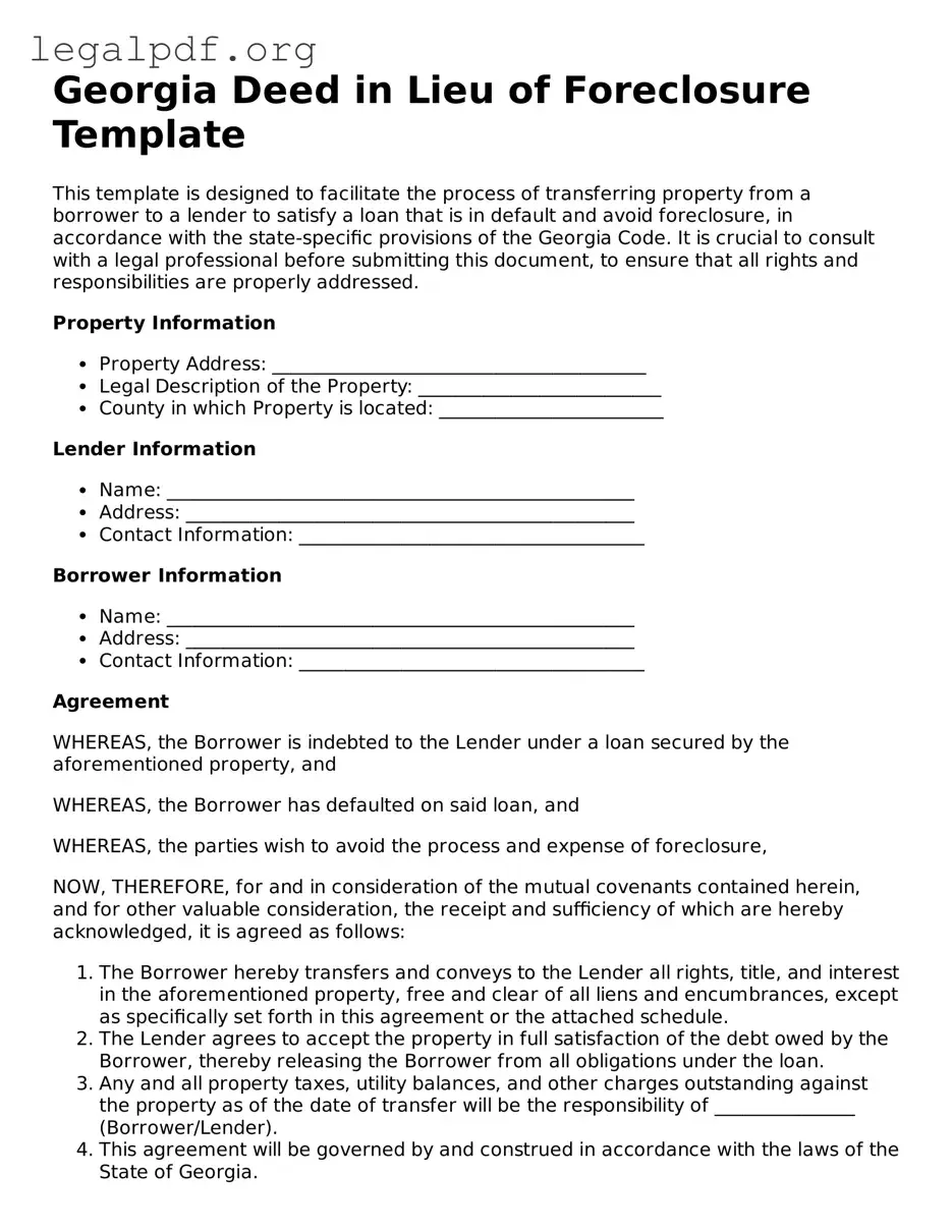 Valid  Deed in Lieu of Foreclosure Template for Georgia