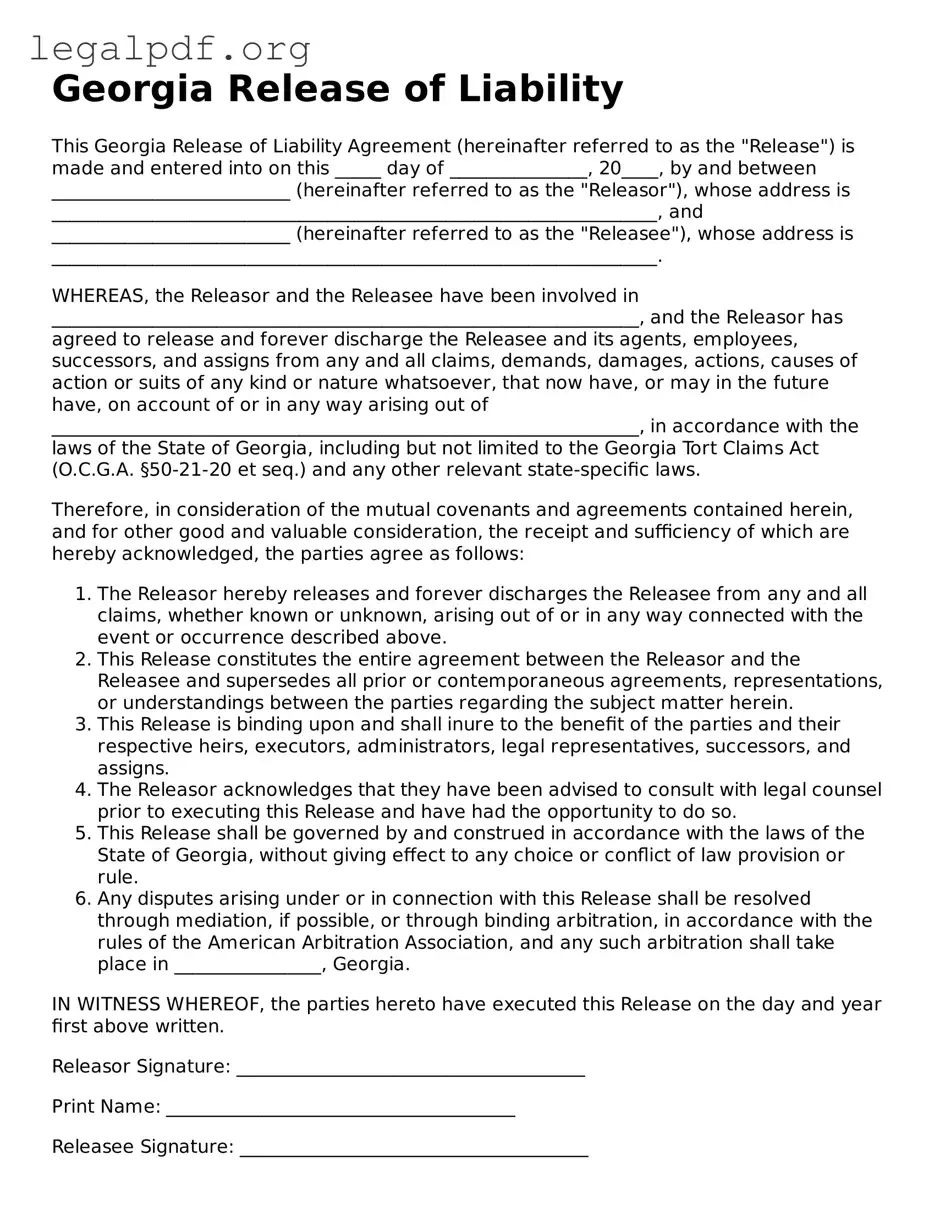 Valid  Release of Liability Template for Georgia