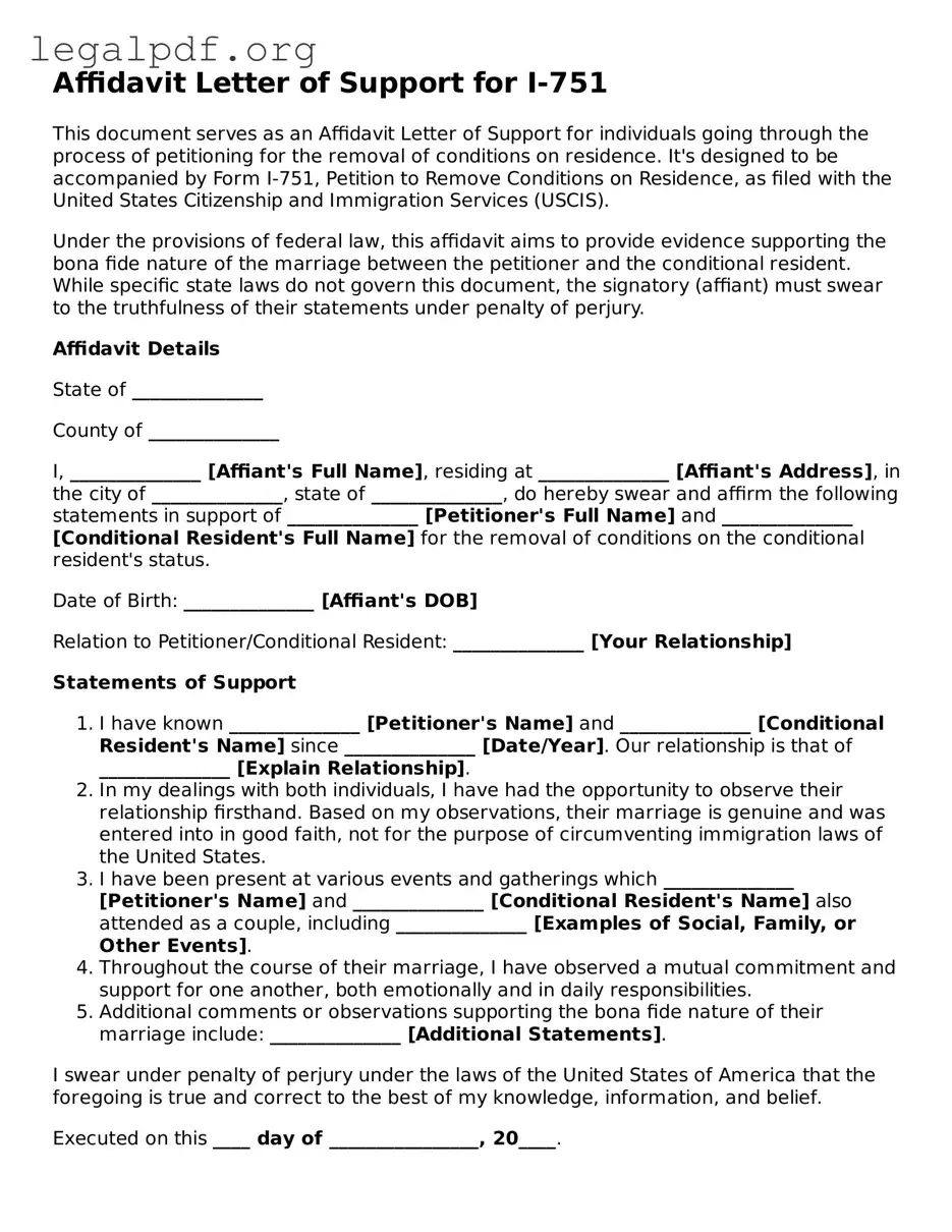 Blank Affidavit Letter of Support for I-751 Document