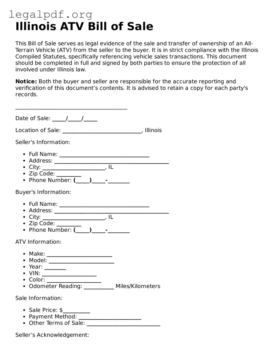 Valid  ATV Bill of Sale Template for Illinois