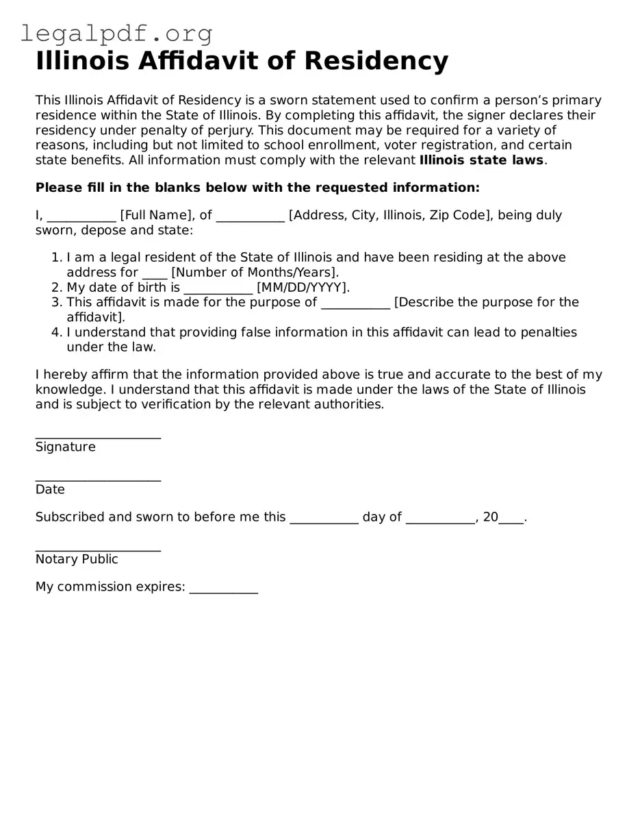 Valid  Affidavit of Residency Template for Illinois