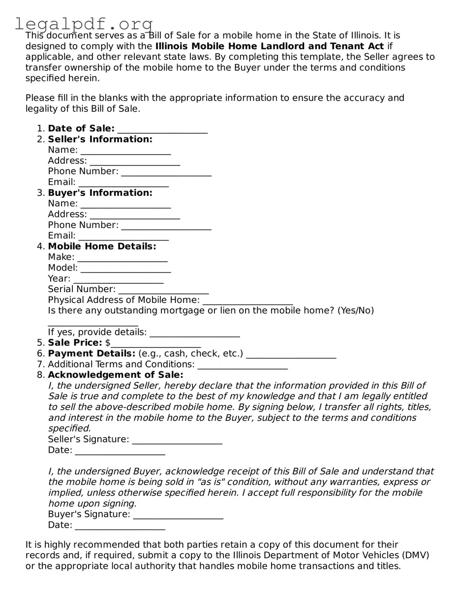 Valid  Mobile Home Bill of Sale Template for Illinois