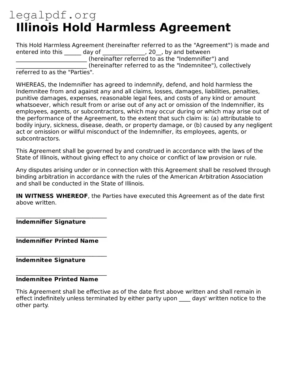 Valid  Hold Harmless Agreement Template for Illinois