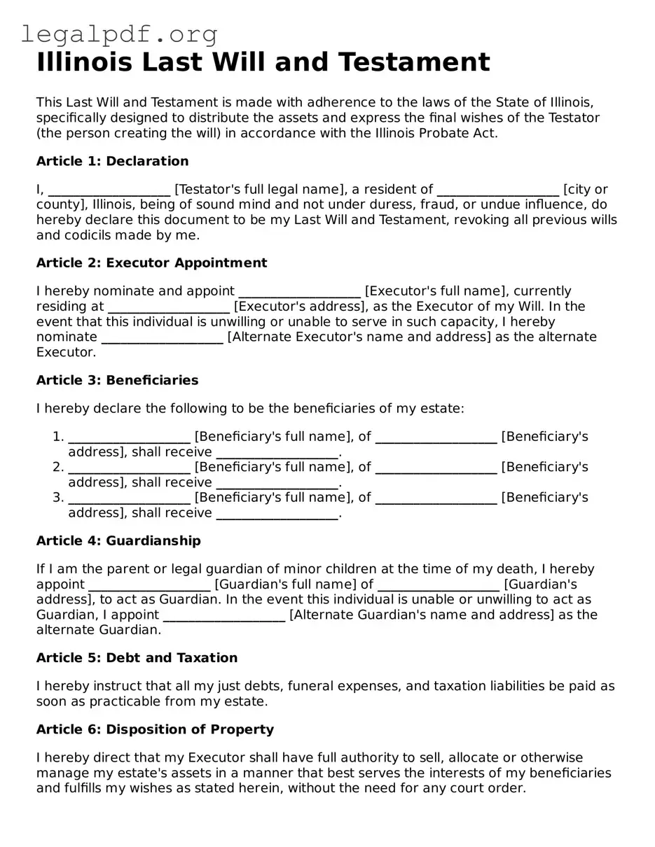 Valid  Last Will and Testament Template for Illinois