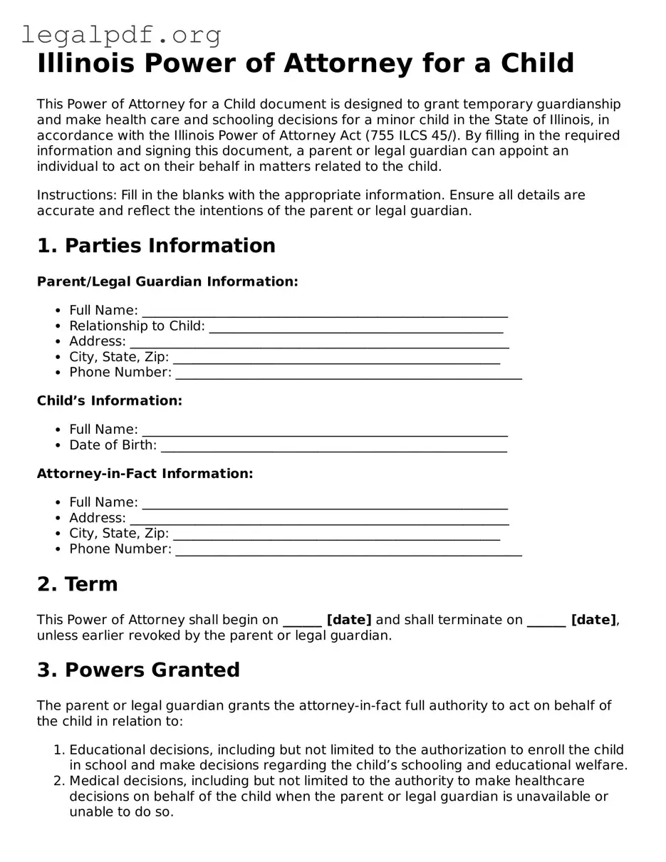 Valid  Power of Attorney for a Child Template for Illinois