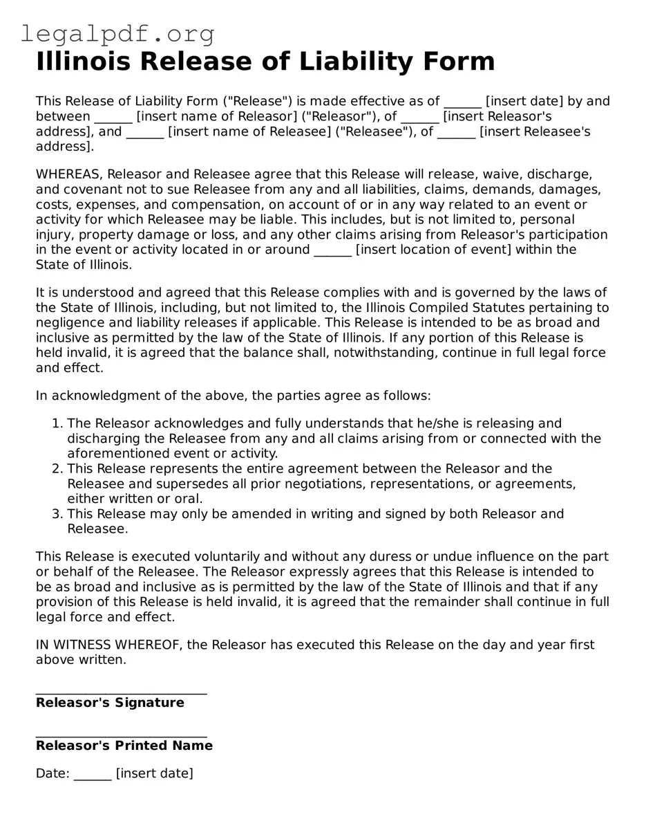 Valid  Release of Liability Template for Illinois
