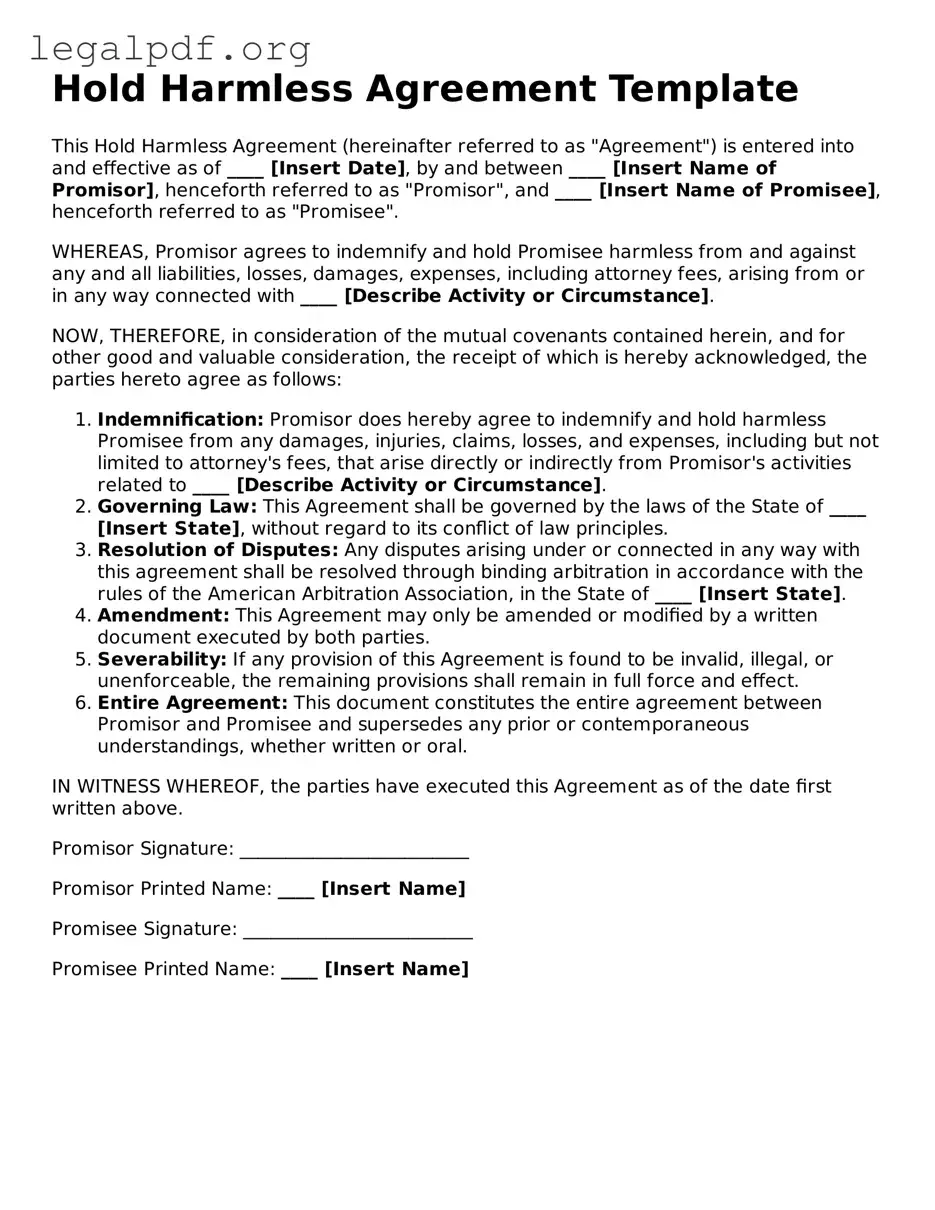 Blank Hold Harmless Agreement Document