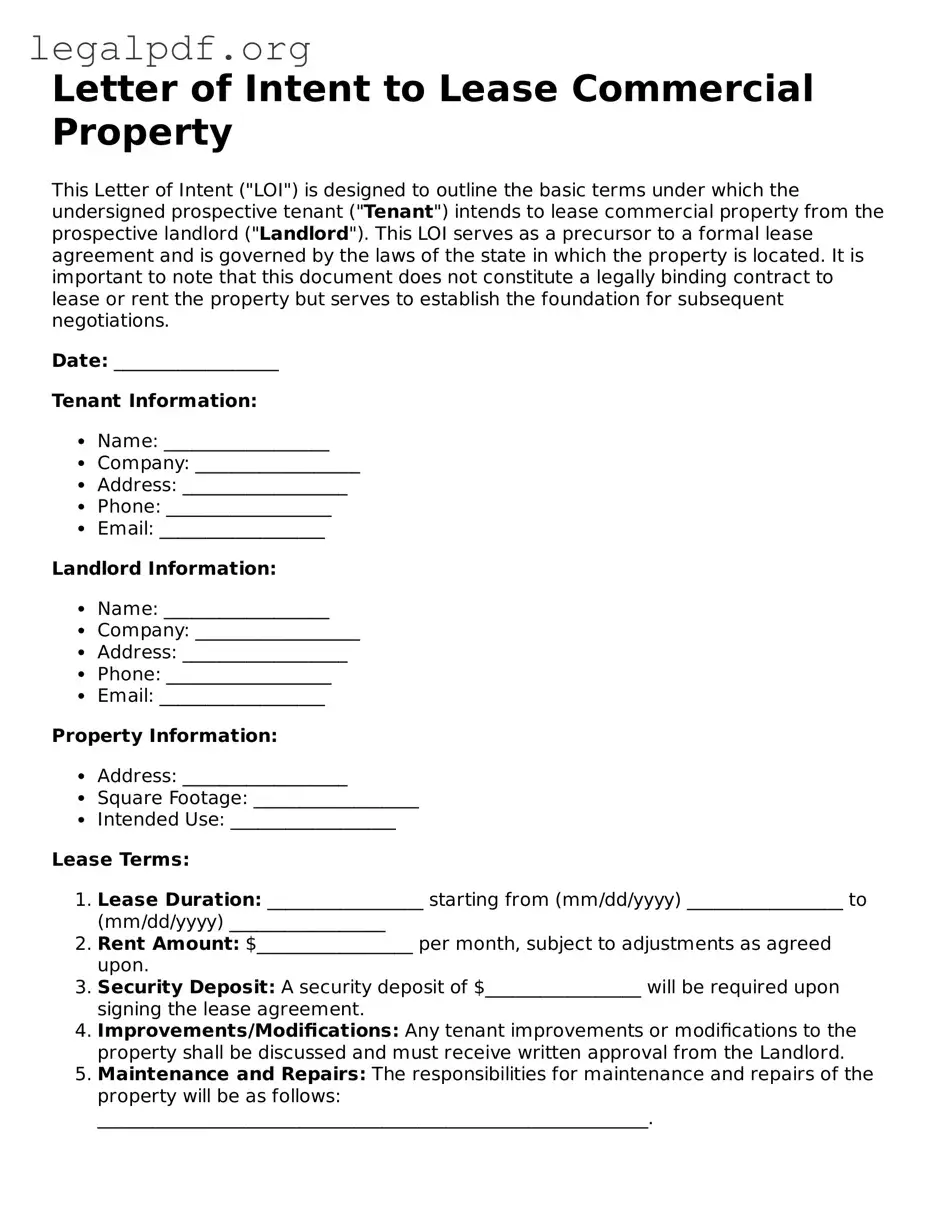 Blank Letter of Intent to Lease Commercial Property Document