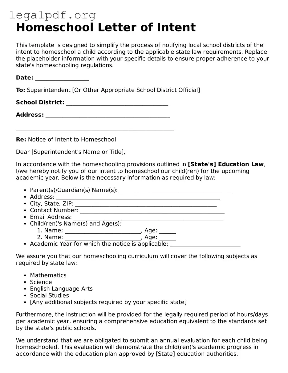 Blank Homeschool Letter of Intent Document