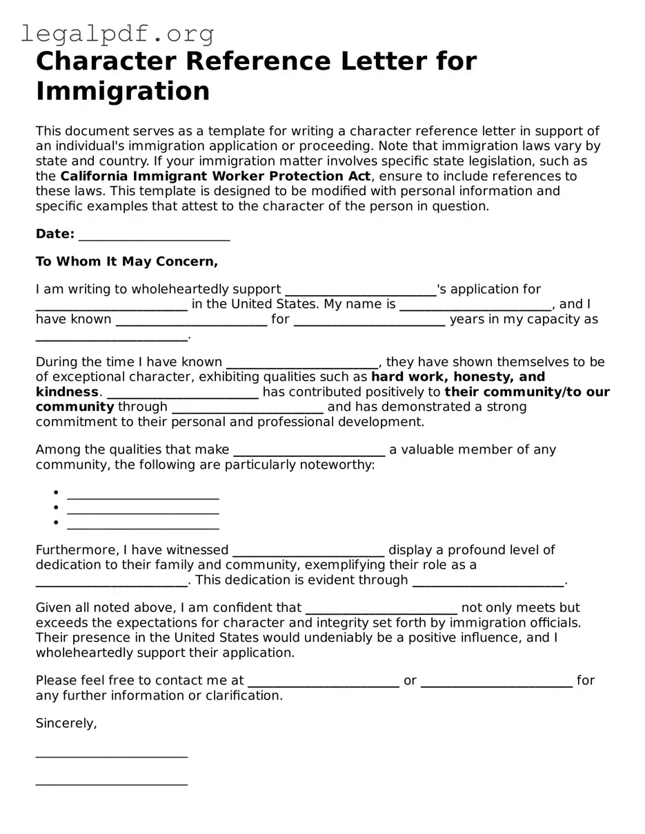 Blank Character Reference Letter for Immigration Document