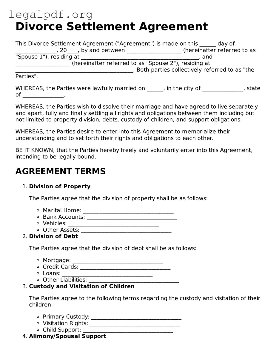 Blank Divorce Settlement Agreement Document