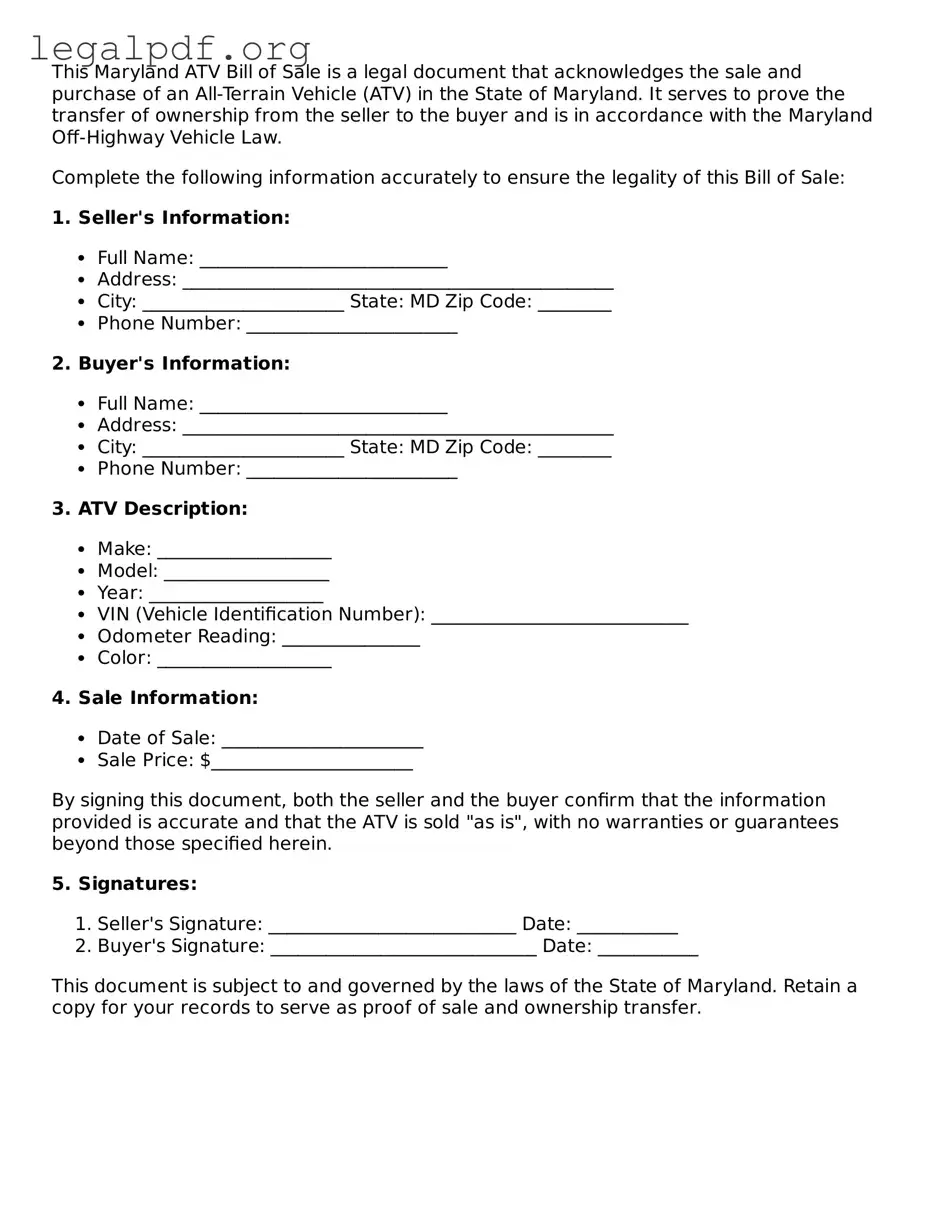 Valid  ATV Bill of Sale Template for Maryland