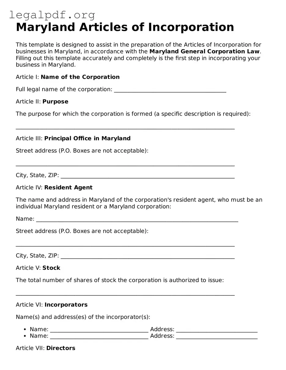 Valid  Articles of Incorporation Template for Maryland