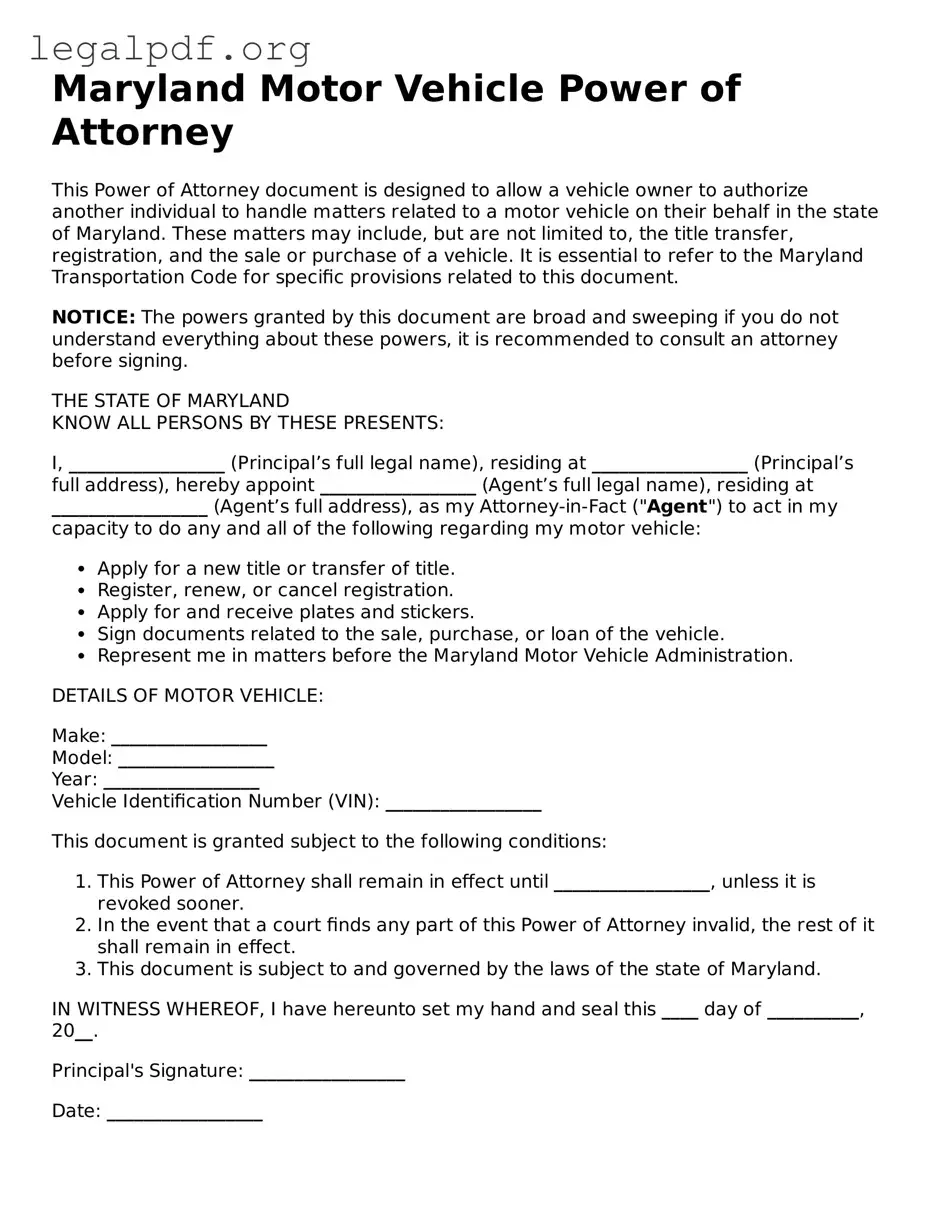 Valid  Motor Vehicle Power of Attorney Template for Maryland