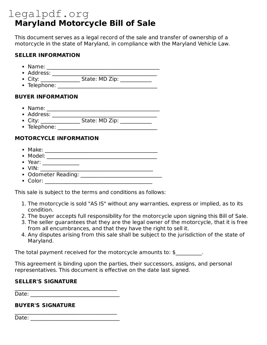 Valid  Motorcycle Bill of Sale Template for Maryland