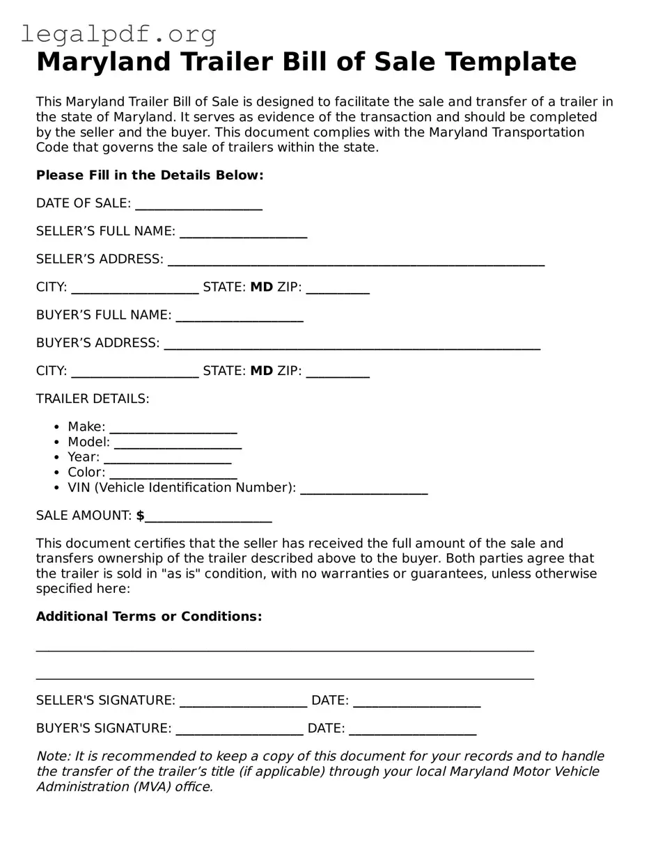 Valid  Trailer Bill of Sale Template for Maryland