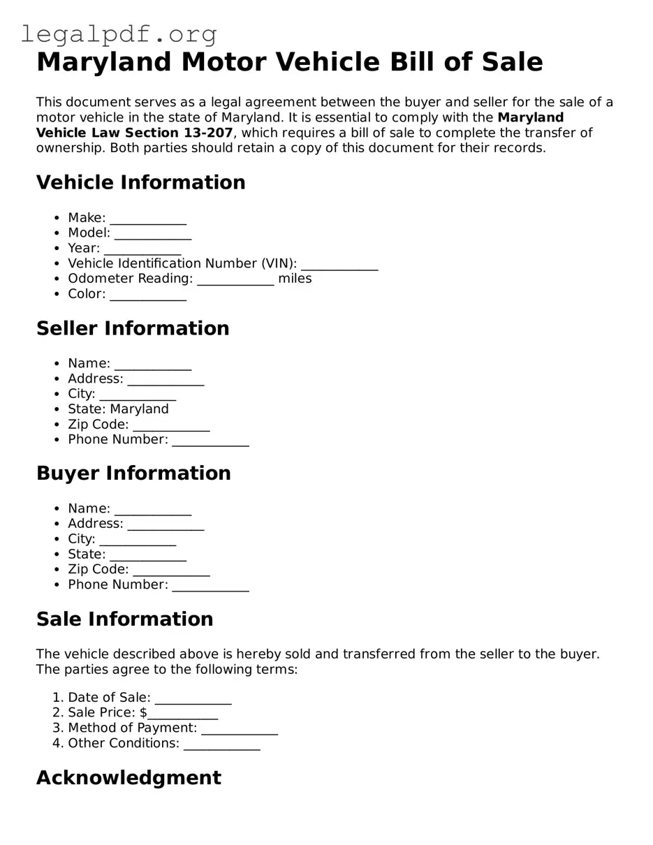 Valid  Motor Vehicle Bill of Sale Template for Maryland