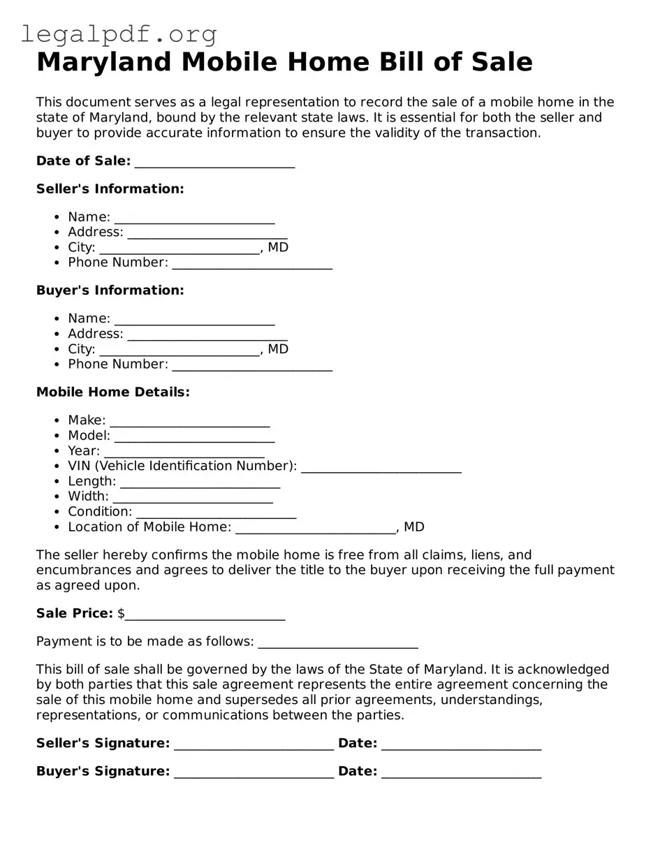 Valid  Mobile Home Bill of Sale Template for Maryland