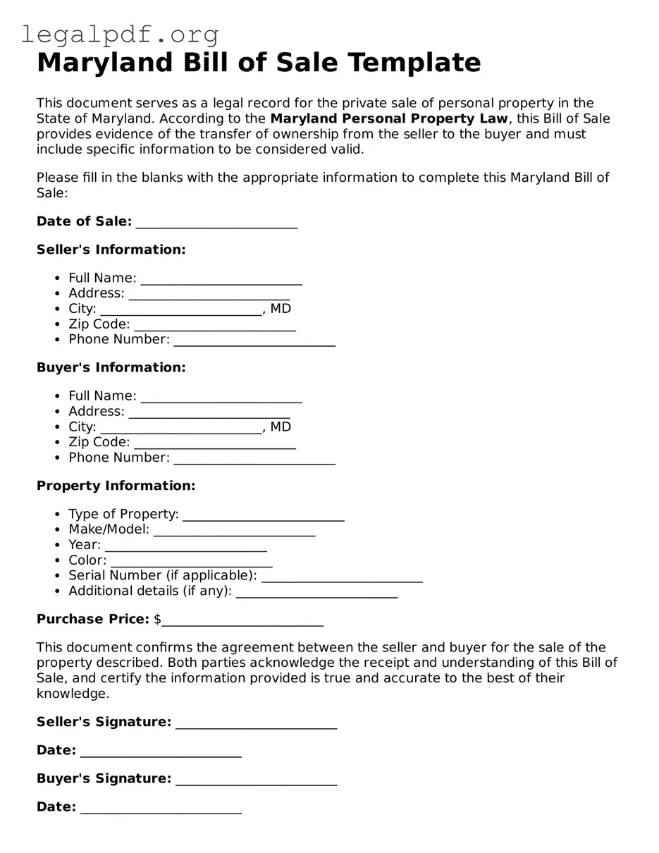 Valid  Bill of Sale Template for Maryland