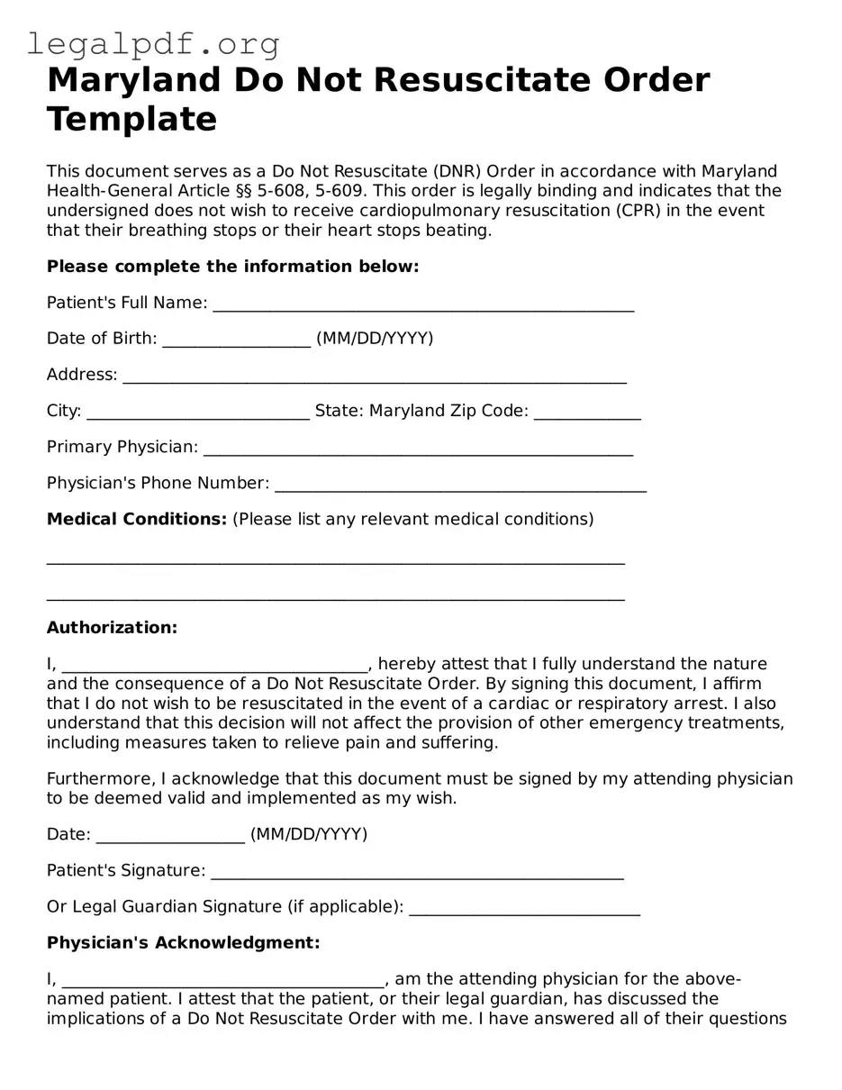 Valid  Do Not Resuscitate Order Template for Maryland