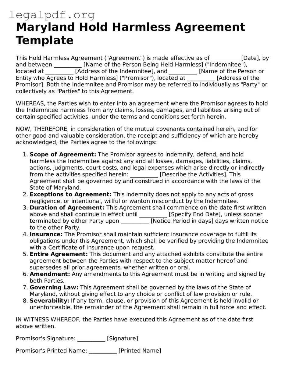 Valid  Hold Harmless Agreement Template for Maryland