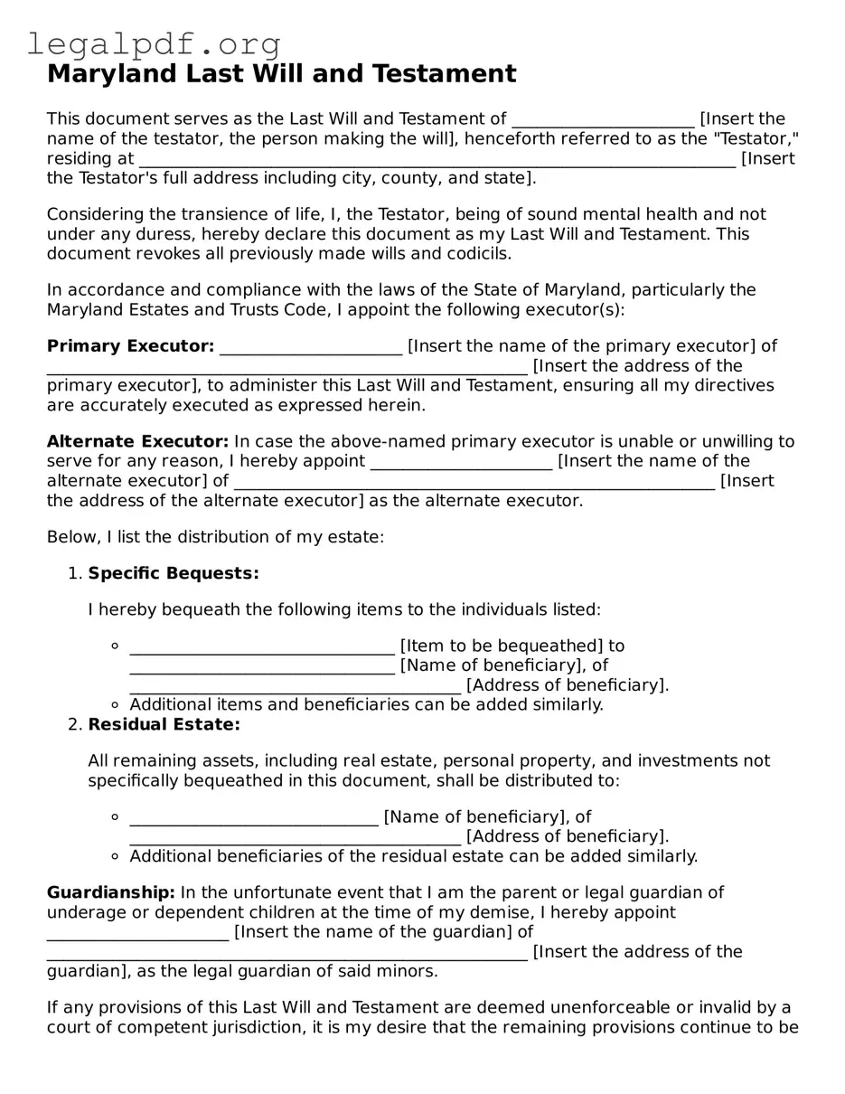 Valid  Last Will and Testament Template for Maryland